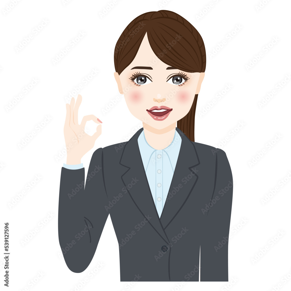 woman in gray suit with ponytale make a OK hand sign woman in gray suit with ponytale make a OK hand sign
