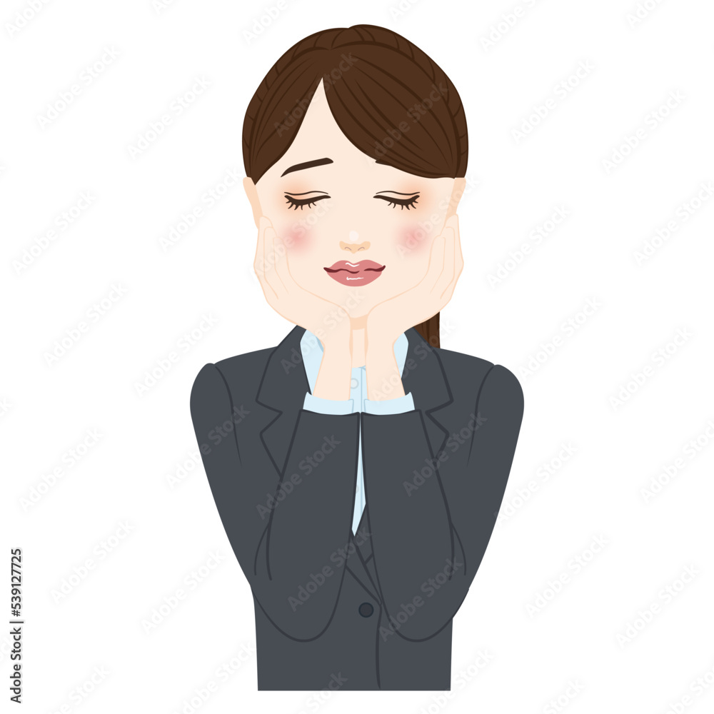 woman in gray suit with ponytale hold hands on face woman in gray suit with ponytale hold hands on face