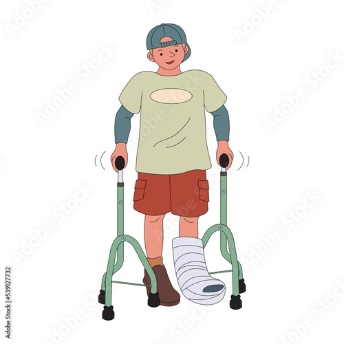 Broken leg boy with eifel canes vector illustration in line filled design