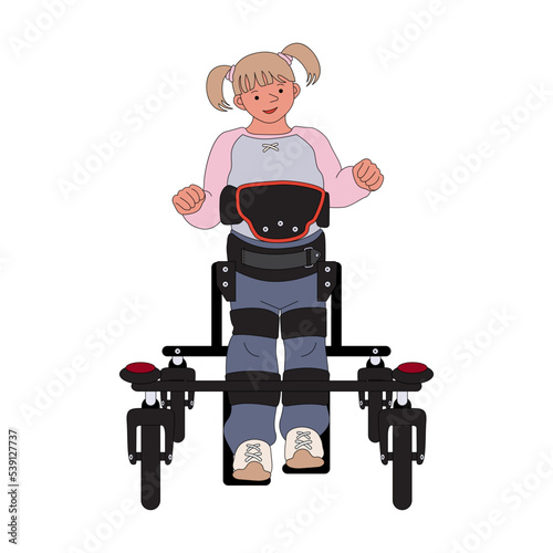 Broken leg girl with walking assist device vector illustration in line filled design