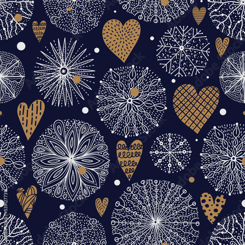Decorative silver snowflaces and black hearts. Cute vector pattern. Can be used for wallpaper, pattern fills, web page background, surface textures.