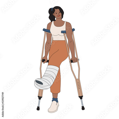 Broken leg woman with crutches vector illustration in line filled design