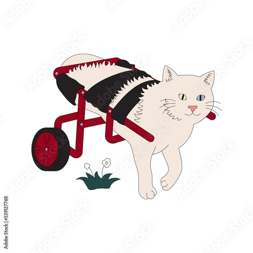 Disabled cat vector illustration in line filled design