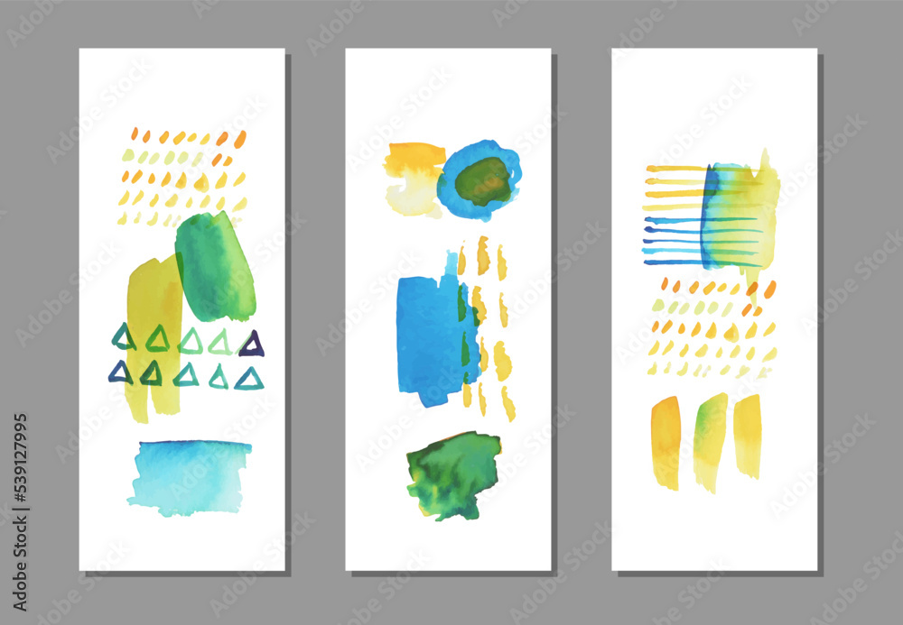 Set of watercolor vector brush strokes illustrations on universal cards can be used for social media marketing. Set of beautiful vector watercolor shapes on white background.