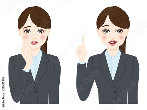 woman in gray suit with ponytale before after illustration set