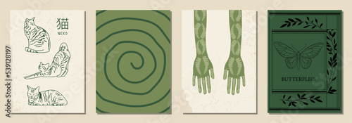 Set of vertical abstract posters in retro asian style for your poster, flyer or banner (Japanese text translation: cat).