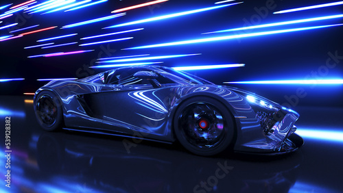 3d rendered illustration of a generic race car in a tunnel with lights flying by