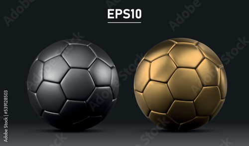 Vector 3D golden and black soccer ball. Gold football ball on black background. Football 3d ball.