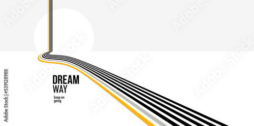 3D black and white lines in perspective with yellow elements abstract vector background, linear perspective illustration op art, road to horizon.