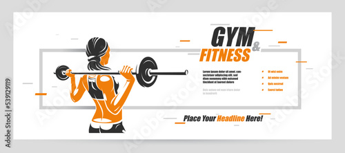 Push the barbell gym and fitness vector advertising flyer, young attractive woman doing workout exercises with a barbell, perfect muscular athletic body young adult girl sport training banner.