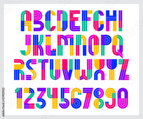 Children colorful geometric font vector alphabet  kid play game typeset  original letters can be used for logo creation  uppercase and numbers.