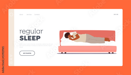 Regular Sleep Landing Page Template. Night Rest And Bedding Time. Black Woman In Pajama Sleep On Bed With Pillow