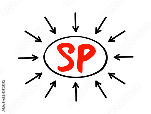 SP - Service Pack a collection of updates, fixes, or enhancements to a software program delivered in the form of a single installable package, acronym text concept with arrows