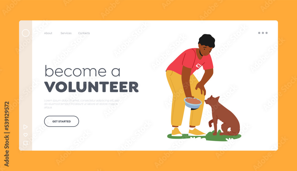 Become A Volunteer Landing Page Template. Friendly Man Feeding Dog In Animal Shelter Or Pound. Young Man Giving Food