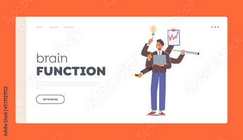 Brain Function Landing Page Template. Businessman With Many Arms Holding Office Supplies and Doing Many Tasks