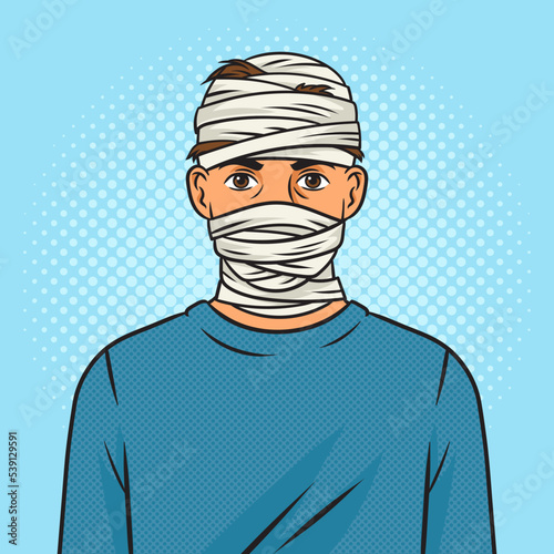 wounded injured man with bandaged head pinup pop art retro vector illustration. Comic book style imitation.