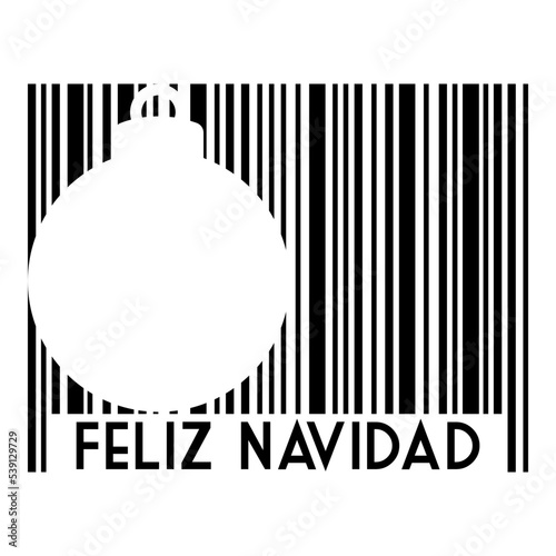 Logo con texto Feliz Navidad en español con código de barras con líneas con silueta de bola de navidad en espacio negativo