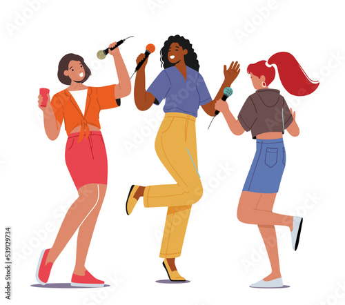 Excited Young Girls Company with Microphones Performing on Karaoke Party. Happy Cheerful Female Characters Singing