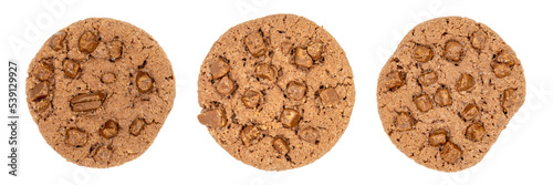 Chocolate chip biscuit isolated on white background. Biscuit background. close up