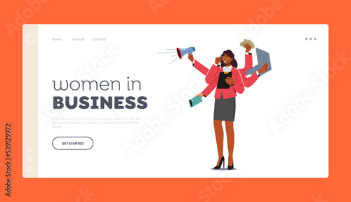 Personal Productivity Landing Page Template. Effective Business Woman Managing Multiple Tasks. Multitasking, Management
