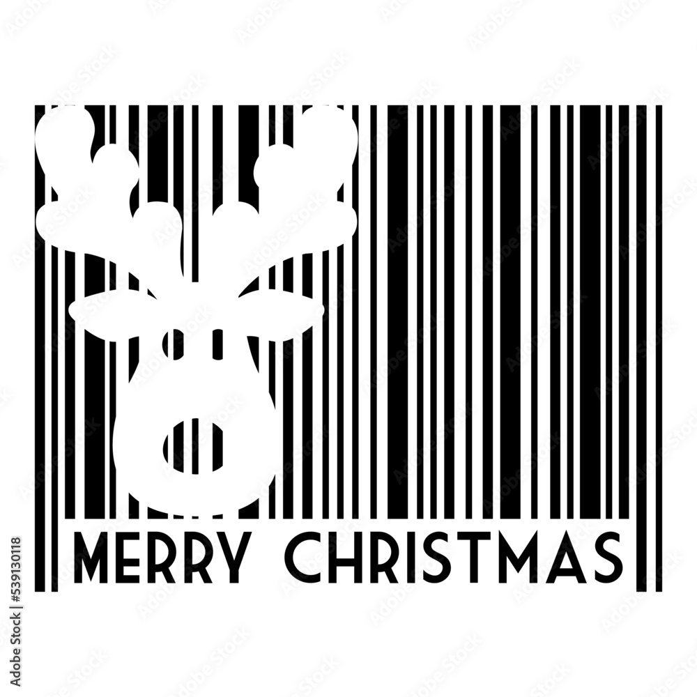 Logo con texto Merry Christmas con código de barras con líneas con silueta de cabeza de reno Rudolph en espacio negativo Logo con texto Merry Christmas con código de barras con líneas con silueta de cabeza de reno Rudolph en espacio negativo