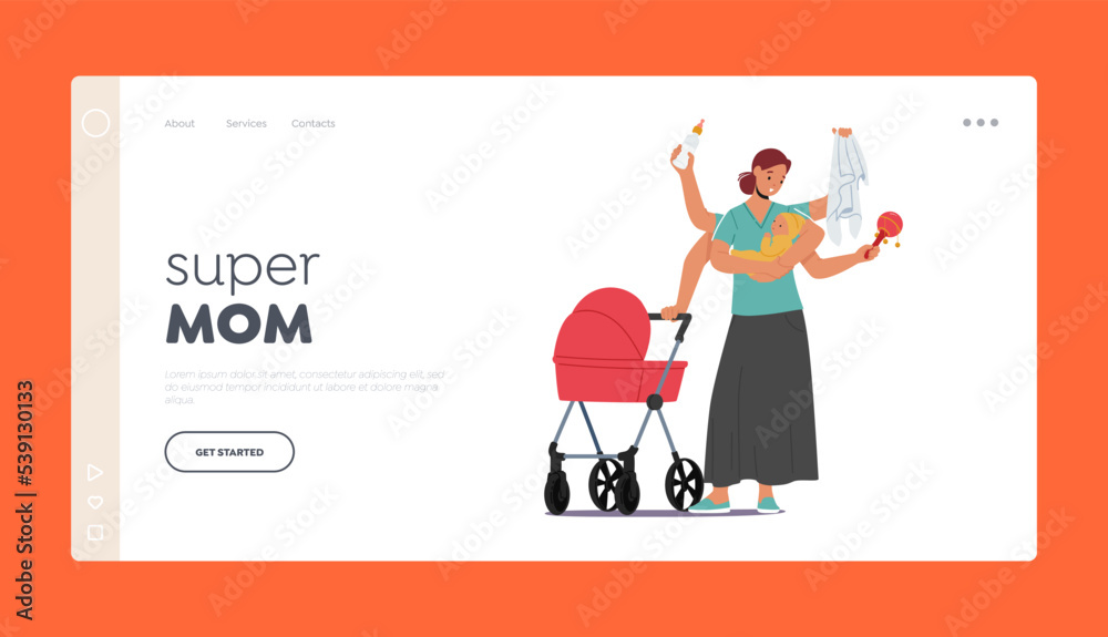 Super Mom Landing Page Template. Mother with Many Arms Holding Newborn Baby, Stroller, Milk Bottle, Diaper, Rattle