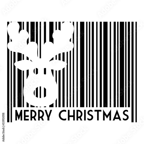 Logo con texto Merry Christmas con código de barras con líneas con silueta de cabeza de reno Rudolph en espacio negativo