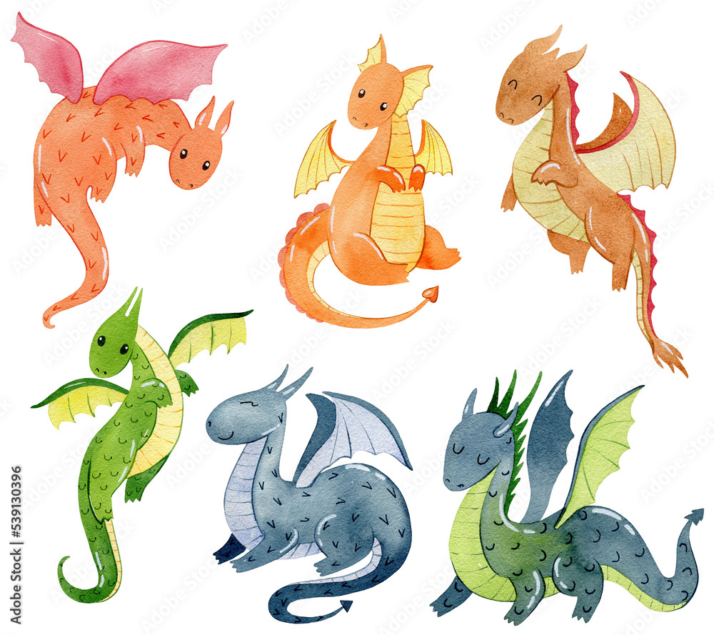 Set of cartoon dragons.