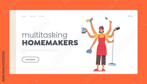 Multitasking Homemakers Landing Page Template. Housewife Character with Many Arms Holding Household Supplies photo