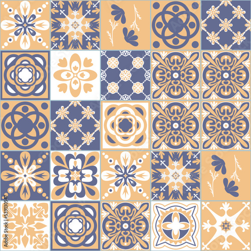 Purple white seamless pattern, Spanish Azulejo tile mosaic, vector illustration
