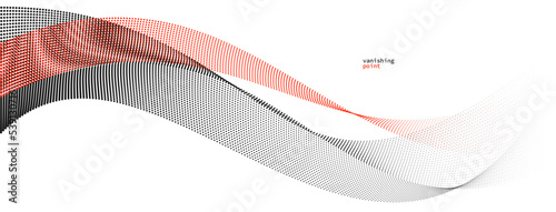 Abstract background vector illustration, red and black dots in motion by curve lines, particles flow wave isolated, monochrome black and white illustration.