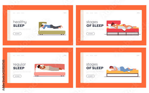 Sleeping People Landing Page Template Set. Men And Women Lying In Bed. Nighttime Relaxation, Characters Sleep at Home