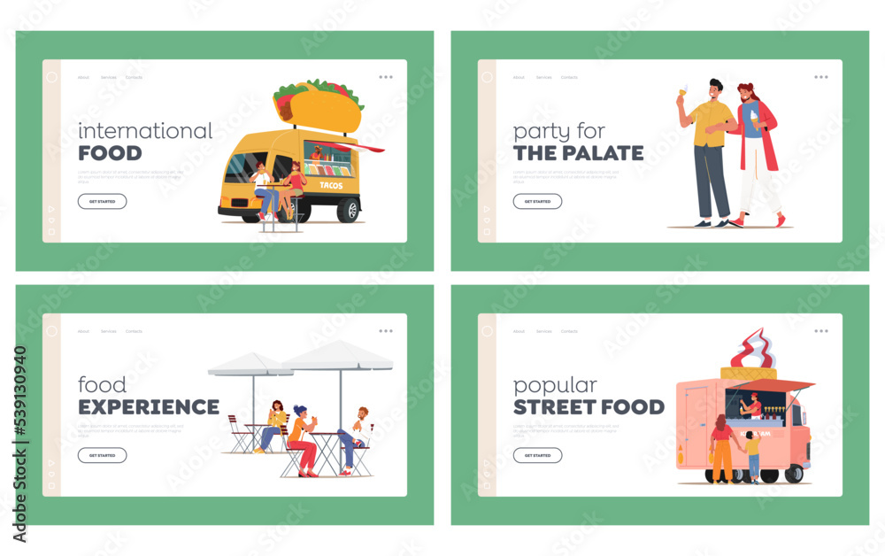 Street Food Landing Page Template Set. People Buy Snacks And Drinks In Meal Trucks during Gastronomic Festival Street Food Landing Page Template Set. People Buy Snacks And Drinks In Meal Trucks during Gastronomic Festival