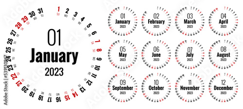 Round Calendar Planner for 2023. Print Template, Your Logo and Text. Portrait Orientation. 2023 Calendar of 12 Months.