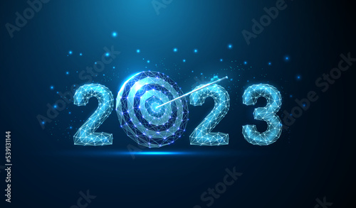 Abstract Happy 2023 New Year greeting card with arrow in darts board
