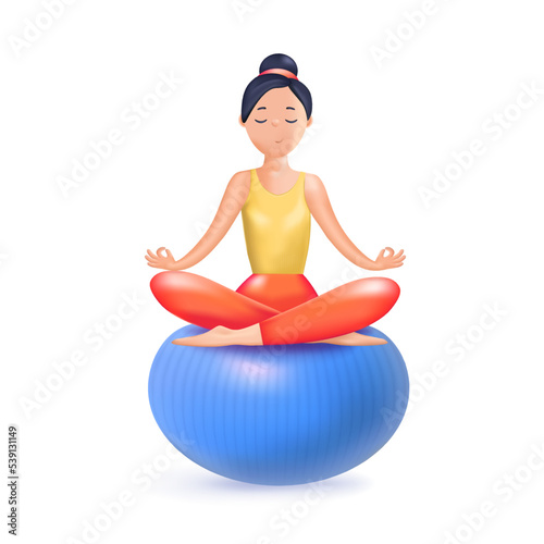 Meditation 3D illustration. Happy calm Woman meditating. Zen, yoga, meditation, relax, recreation, healthy lifestyle. Harmony and balance life. Psychology, selfcare. 3D vector