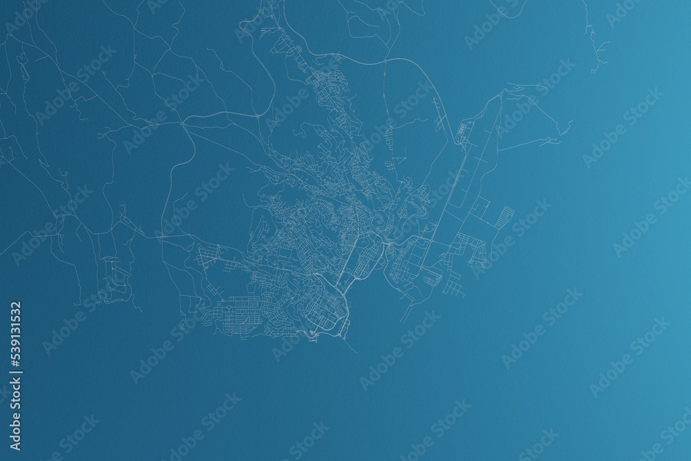 Map of the streets of Praia (Cape Verde) made with white lines on blue paper. Rough background. 3d render, illustration