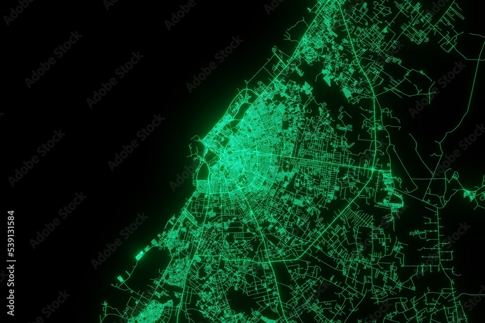 Map of the streets of Benghazi (Libya) made with green illumination and ...
