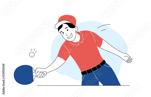Male athlete playing table tennis with racket and ball. Man ping pong player in sports outfit doing forehand shot. Healthy lifestyle, competitive sport cartoon thin line vector illustration