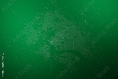 Map of the streets of N'Djamena (Chad) made with white lines on abstract green background lit by two lights. Top view. 3d render, illustration