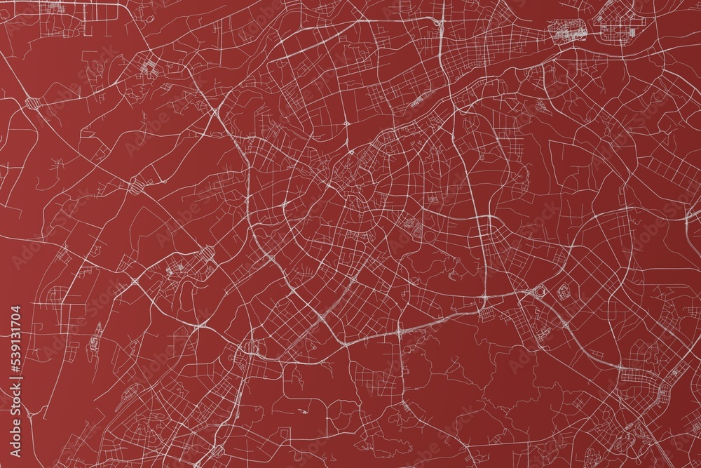 Map of the streets of Dongguan (China) made with white lines on red background. Top view. 3d render, illustration