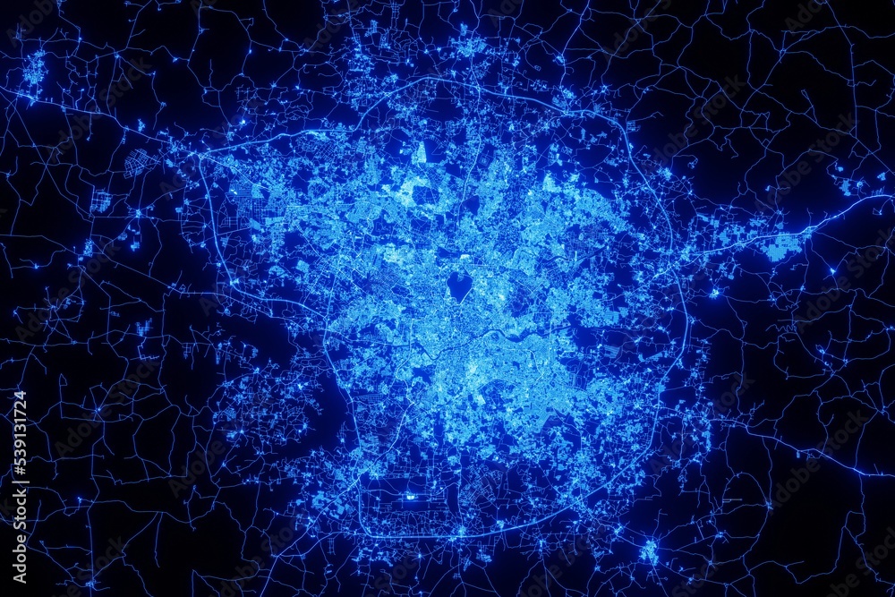Street map of Hyderabad (India) made with blue illumination and glow effect. Top view on roads network