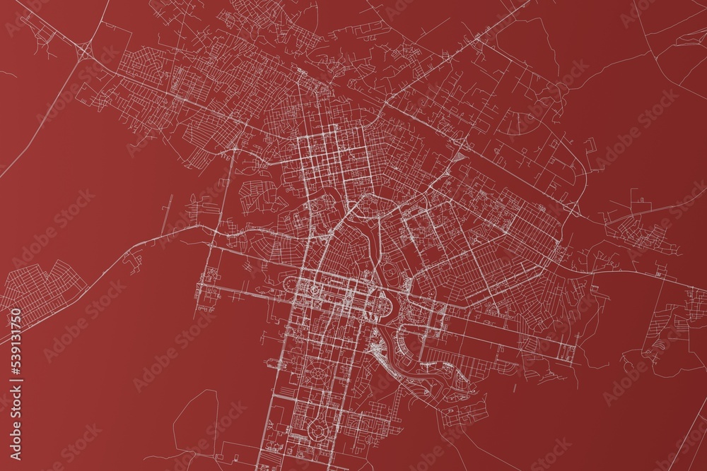 Map of the streets of Nur-Sultan (Kazakhstan) made with white lines on red background. Top view. 3d render, illustration