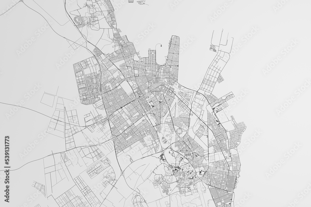 Map of the streets of Dammam (Saudi Arabia) on white background. 3d render, illustration