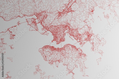 Map of the streets of Hong Kong made with red lines on white paper. 3d render, illustration