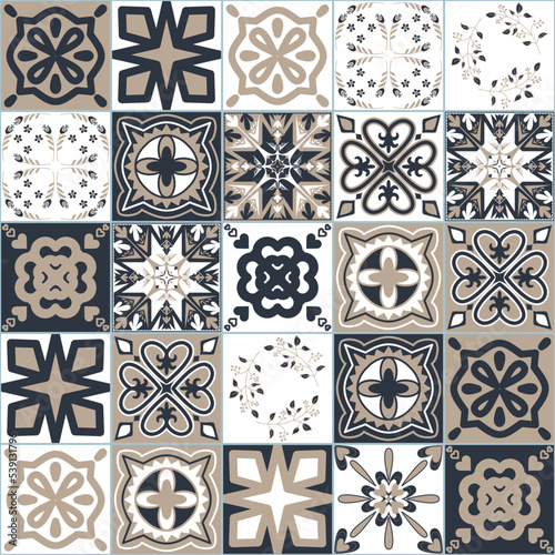 Spanish ceramic tiles dark gray beige color, wall decoration in bathroom and kitchen, vector illustration