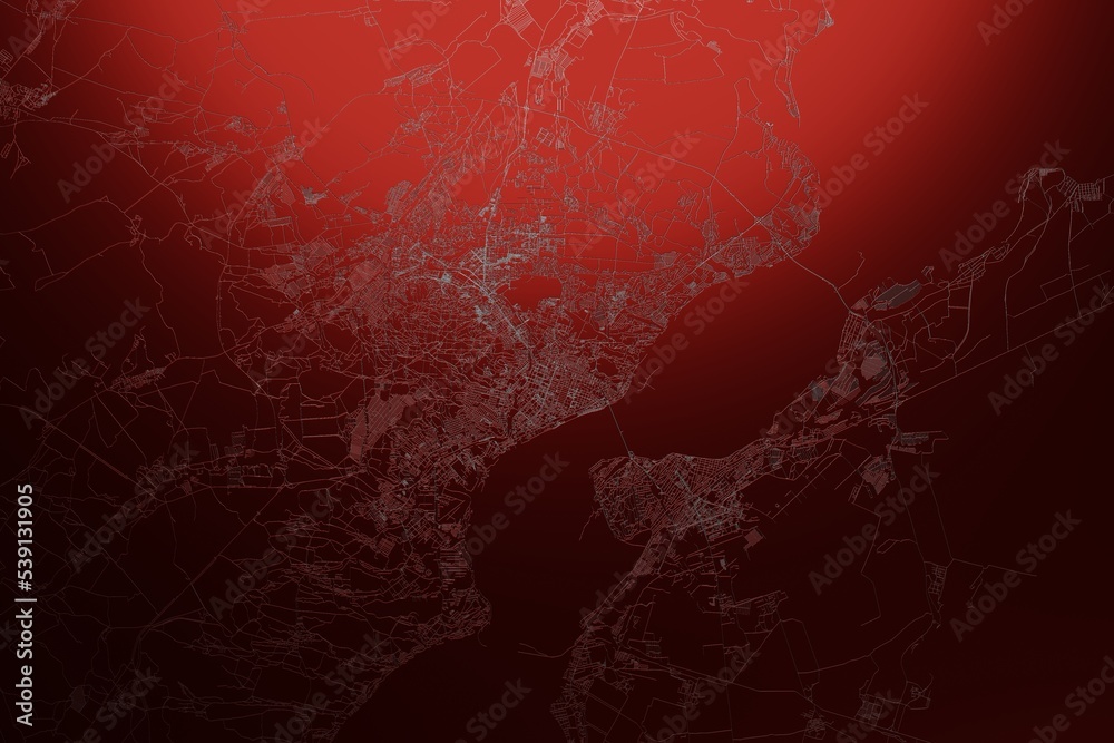 Street map of Saratov (Russia) engraved on red metal background. Light is coming from top. 3d render, illustration