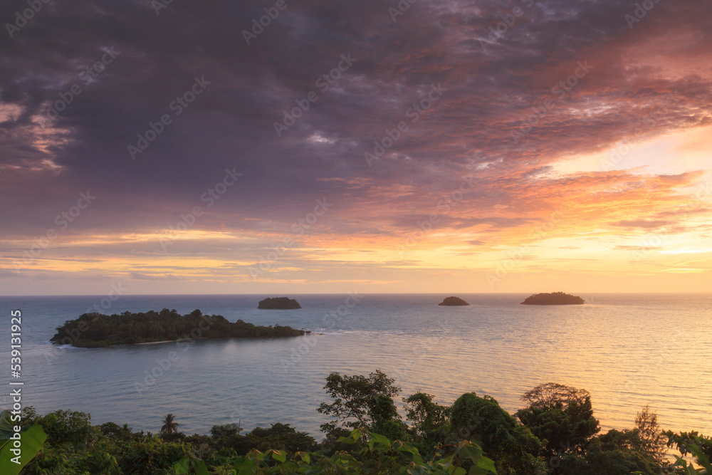 Tropical sunset landscape view with turquoise tropical sea on Koh Chang in Thailand