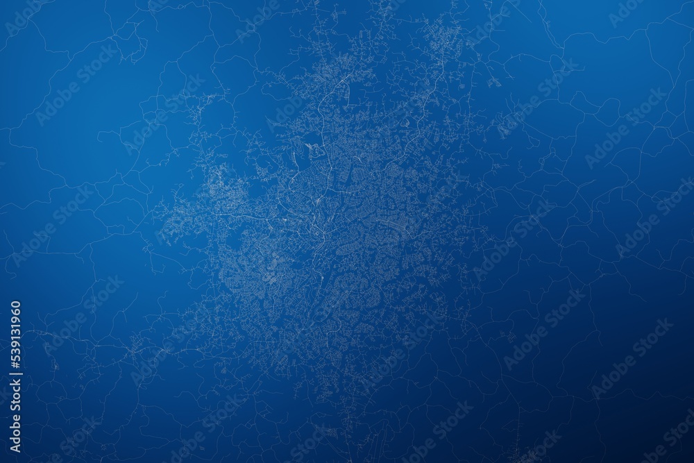 Stylized map of the streets of Yaounde (Cameroon) made with white lines on abstract blue background lit by two lights. Top view. 3d render, illustration Stylized map of the streets of Yaounde (Cameroon) made with white lines on abstract blue background lit by two lights. Top view. 3d render, illustration