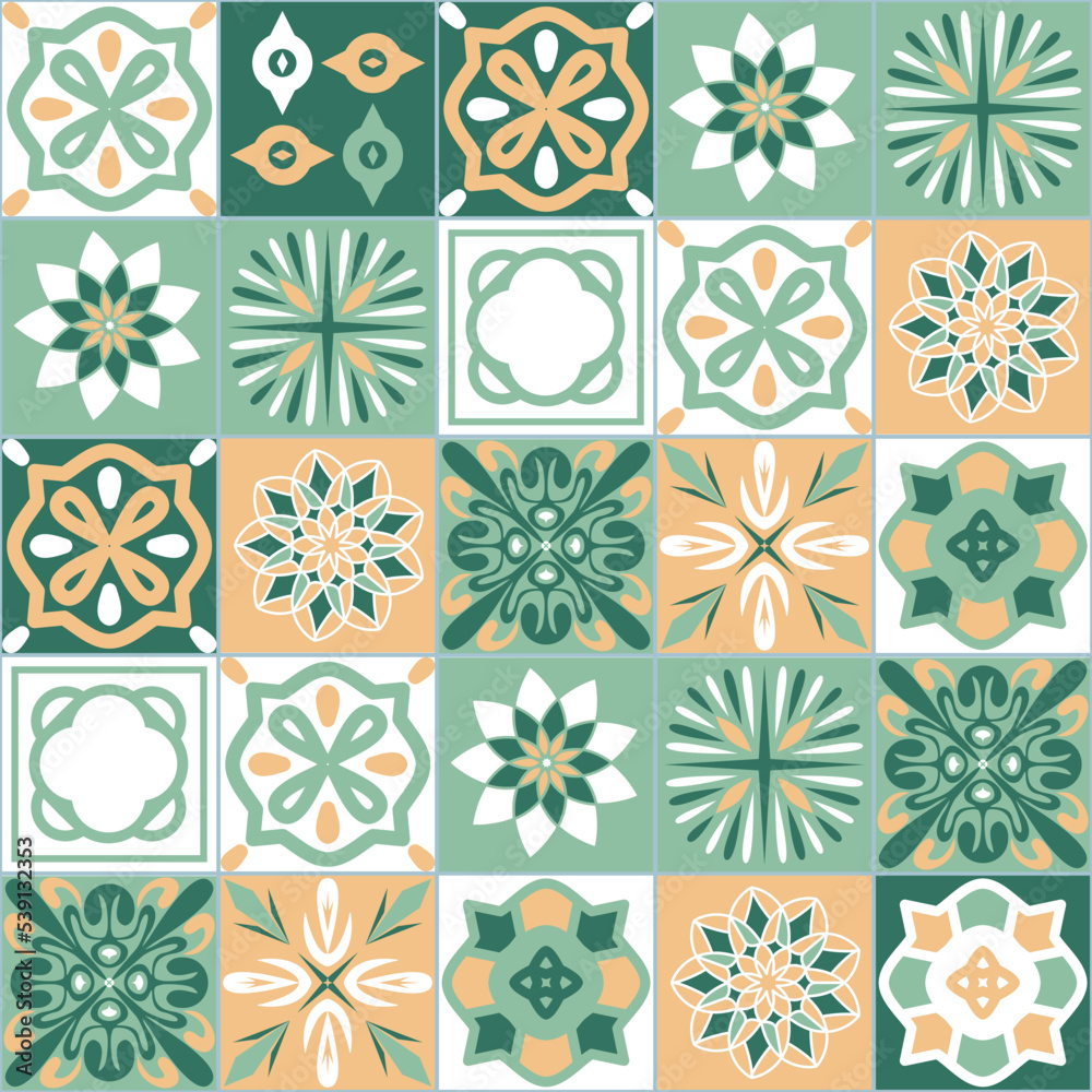 Azulejo green contrast tile, ceramics and interior design, decorative seamless pattern in Azulejo style Azulejo green contrast tile, ceramics and interior design, decorative seamless pattern in Azulejo style